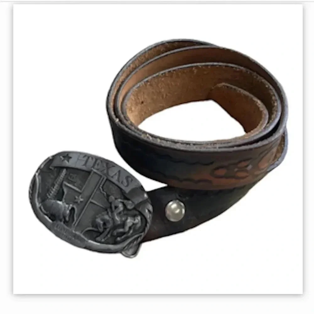 C & J Vintage leather belt TEXAS Lone Star State buckle Made in USA Western